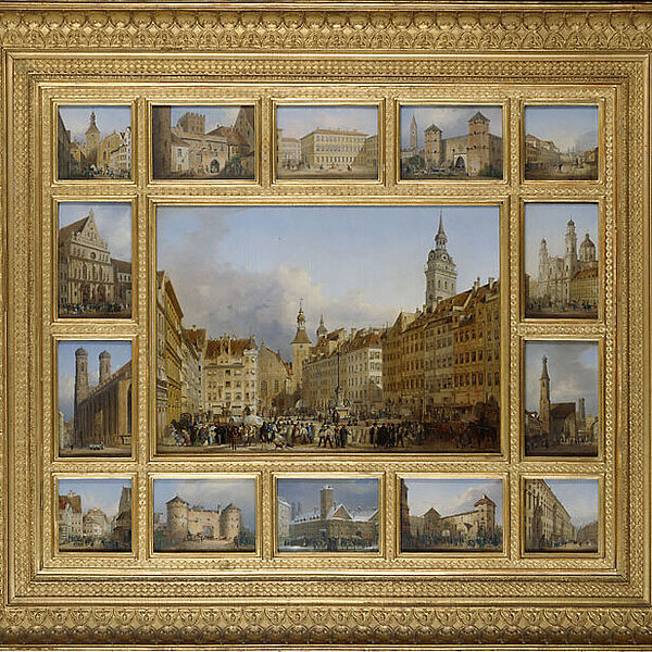 Gemälde einer Stadtansicht, 14 kleinere Gebäudeansichten außen herum angeordnet, alle Bilder in einem prunkvoller goldener Bilderrahmen eingepasst.