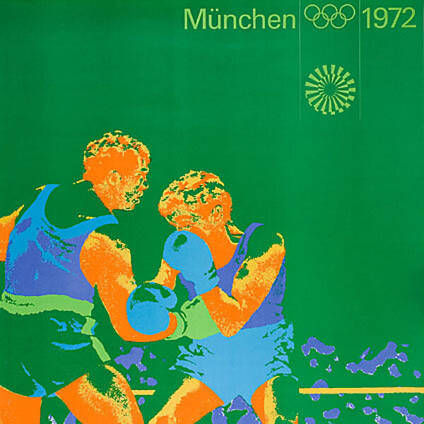 Grünes Plakat, zwei Boxer in orange und lila im Vordergrund, oben rechts das Logo der Olypmiade München 1972.