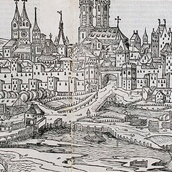 mittelalterliche Druckgrafik einer Stadt mit einem Fluß und einer Brücke im Vordergrund.