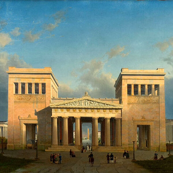 Gemälde eines prunkvollen weißen Gebäudes im Stil eines griechischen Tempels vor blauem Himmel.