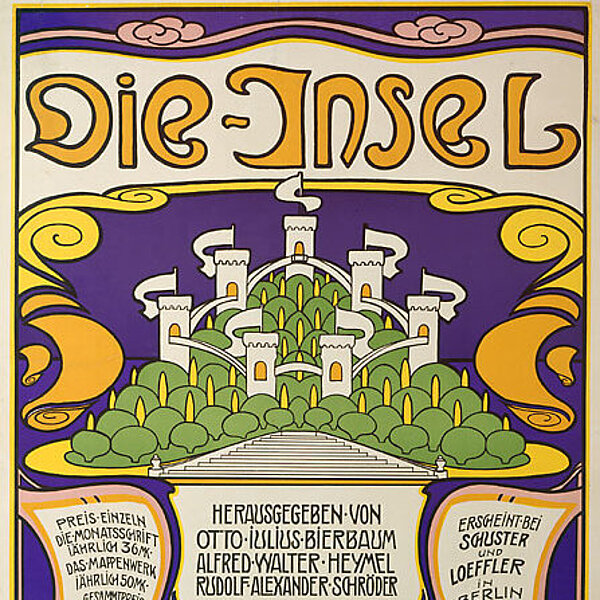 Historisches Plakat in Lila und Grün und floralen Zierelementen in Gelb und Schrift: „DIE INSEL“.