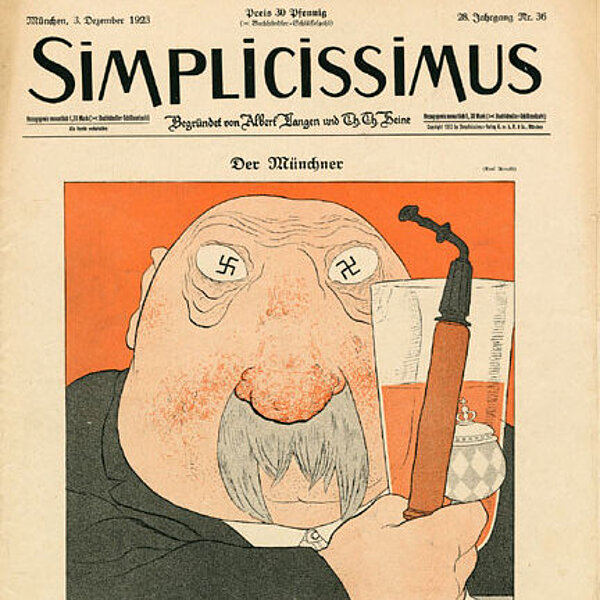 Titelseite einer historischen Zeitschrift mit Karikatur eines dicken, trinkenden und rauchenden Mannes mit Hakenkreuzen in den Augen.