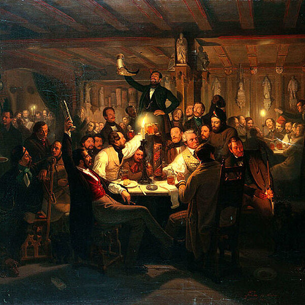 Historisches Gemälde einer Wirtshausszene mit voller Gaststube und stimmungsvoller Kerzenbeleuchtung.