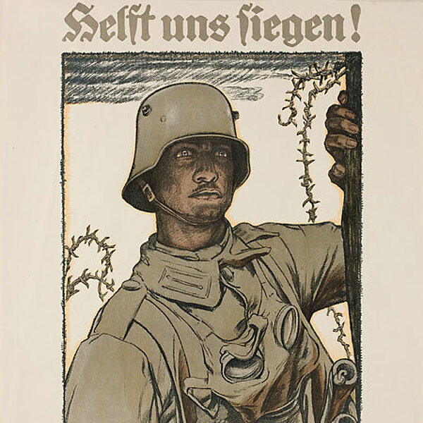Historisches Plakat eines Soldaten in Grautönen,Schrift „Helft uns siegen! Zeichnet die Kriegsanleihe“