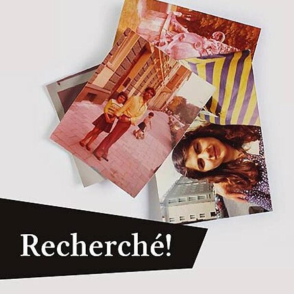Postkarte: Mehrere vergilbte Familienfotos und dem Wort "Gesucht!" in mehreren Sprachen.