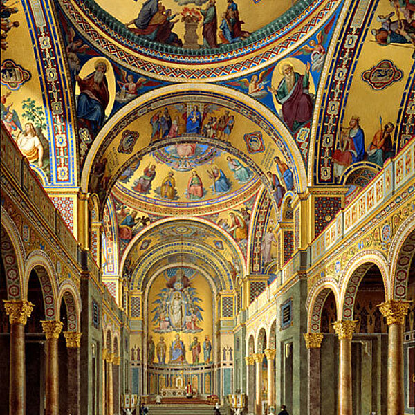 Aquarell der Innenansicht einer Kirche mit mehreren Kuppeln, prunkvoll und mit viel Gold bemalt.