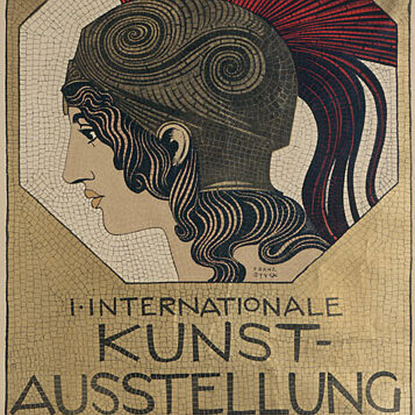 Plakat in Mosaik-Optik zur Internationalen Kunstausstellung, Frauenkopf mit römischem Helm.
